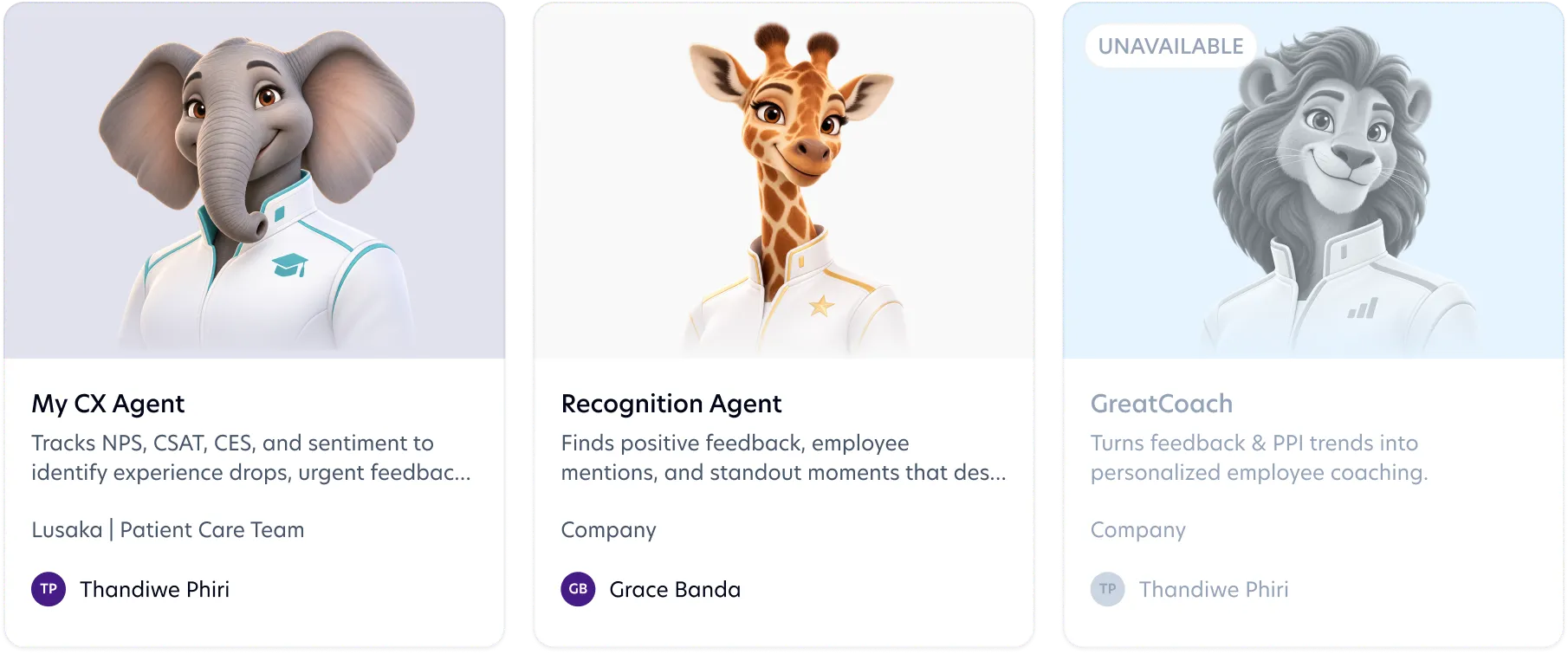 Agent cards with animal avatars: My CX Agent, Recognition Agent and GreatCoach