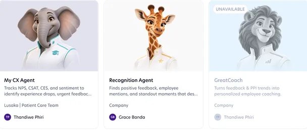 Three ready-made agents with animal avatars: My CX Agent (an elephant), Recognition Agent (a giraffe) and GreatCoach (a lion)