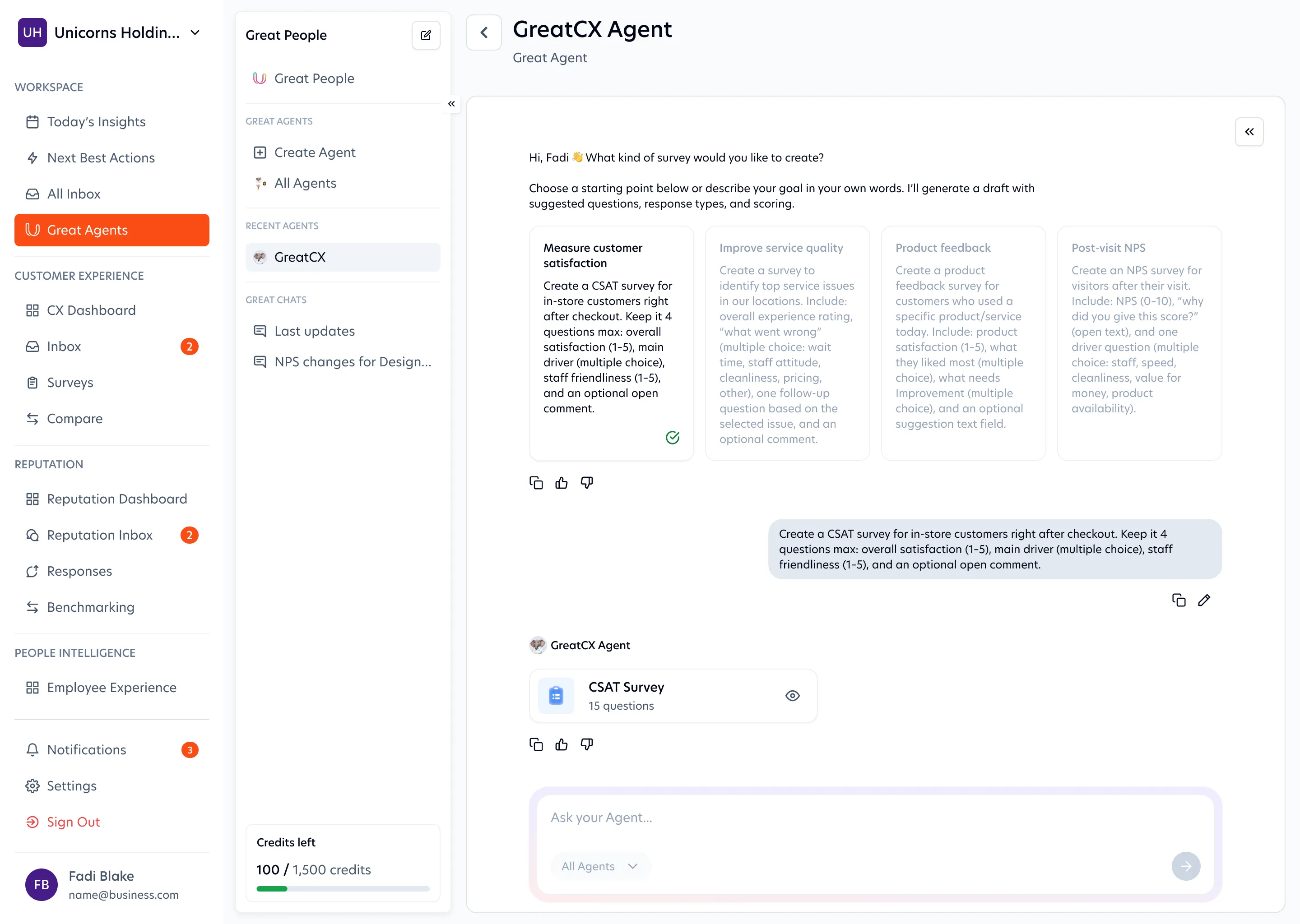 GreatAgents workspace with the GreatCX agent drafting a CSAT survey