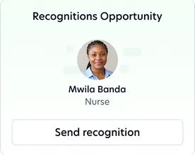 Recognitions Opportunity card for Mwila Banda, Nurse, with a Send recognition button
