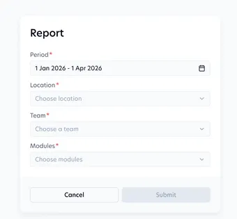 Report builder with period, location, team and modules