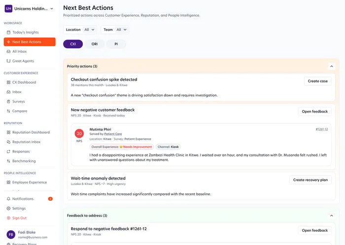 Next Best Actions with priority actions across CX, reputation and people