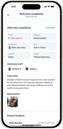 A wait time complaints case on mobile, with the attributed staff, case notes and related feedback