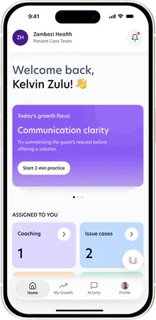 The mobile app home for Kelvin Zulu: today's growth focus and the coaching and issue cases assigned to him