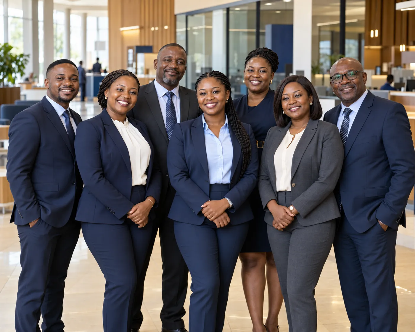 A smiling team of bank staff in business suits standing together in a branch lobby