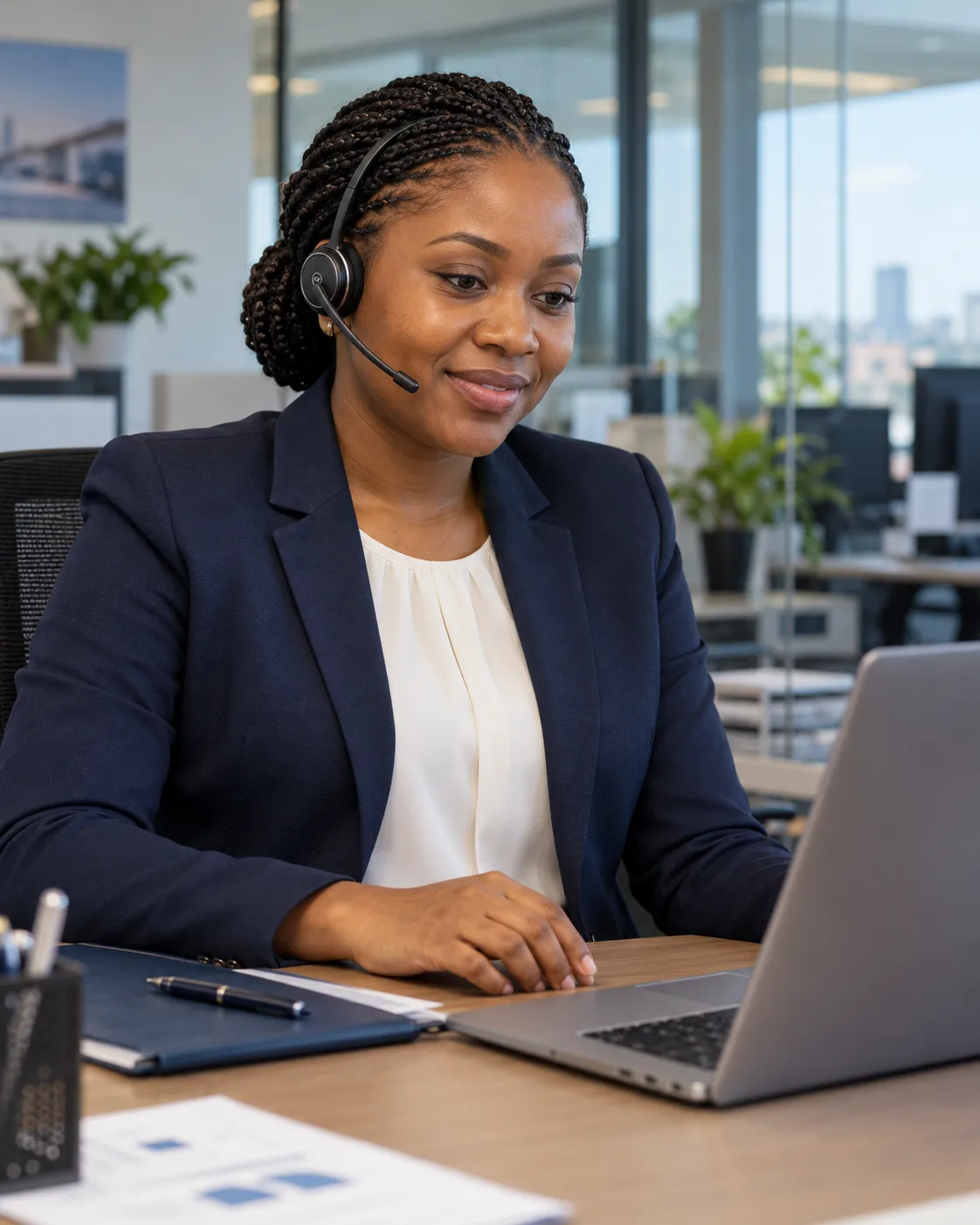 An insurance customer service agent with a headset working at her laptop